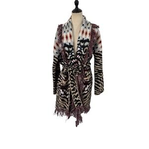 anthropologie Paloma Fringed Cardigan Longline  Animal Print Sz L Boho Western
